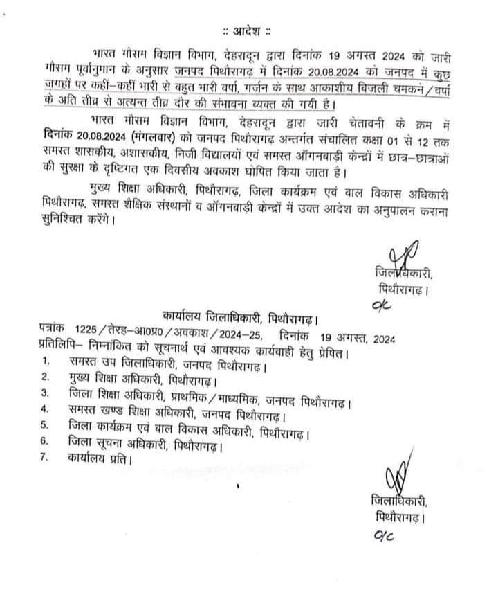 तेज बारिश की आशंका को देखते हुए पिथौरागढ़ जिले के स्कूलों में आज अवकाश रहेगा