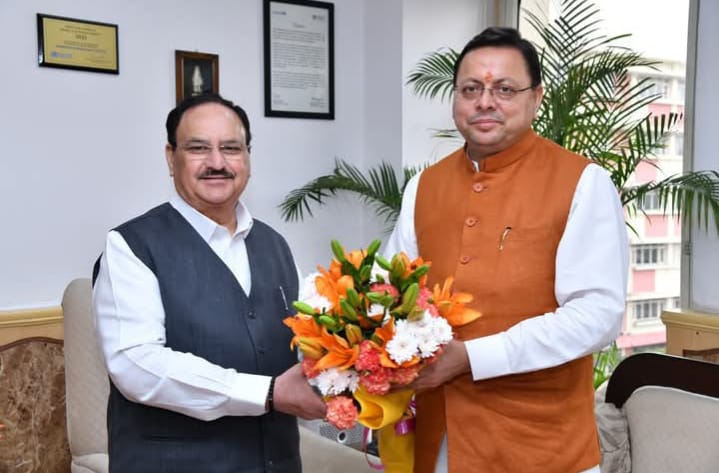 मुख्यमंत्री धामी ने केंद्रीय स्वास्थ्य मंत्री जेपी नड्डा से शिष्टाचार भेंट की
