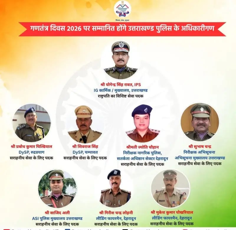 महामहिम राष्ट्रपति द्वारा गणतंत्र दिवस 2026 के अवसर पर उत्तराखंड पुलिस के अधिकारी सम्मानित